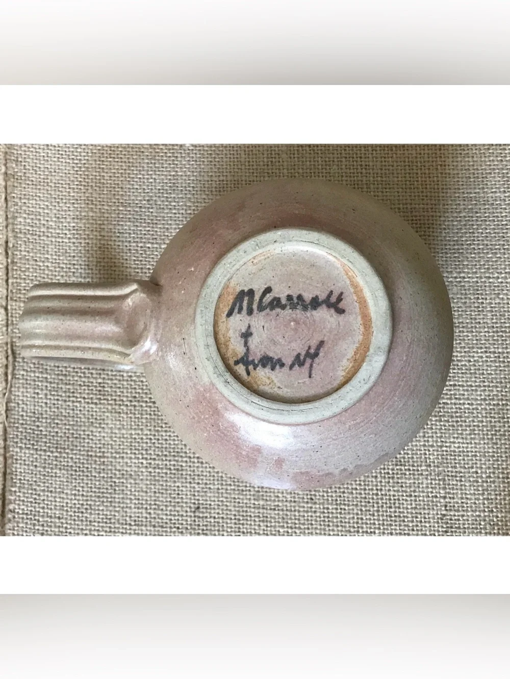 Handmade Pottery Mug Cup Double Spiral Eye Symbol Beige Brown Wide Handle - Picture 6 of 9